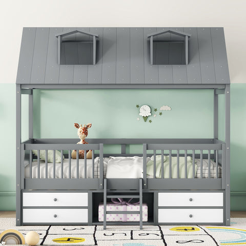 Twin Size Loft Bed Wood House Bed Frame with Drawers