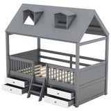 Twin Size Loft Bed Wood House Bed Frame with Drawers