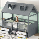 Twin Size Loft Bed Wood House Bed Frame with Drawers