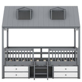 Twin Size Loft Bed Wood House Bed Frame with Drawers