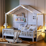 Twin Size House Bed with Shelves, Platform Bed with Window and Sparkling Light Strip on the Roof, White