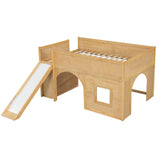 Full Size Low Loft Bed with Slide & Storage Shelves, Wooden Playhouse Design Bed Frame