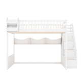Queen Size Wooden Loft Bed Bunk Bed Frame with Built-In Wardrobe & Storage Shelves