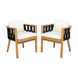5-Piece Acacia Wood Patio Dining Set, Outdoor Dining Table and 6 Woven Rope Armchairs with Cream Cushions