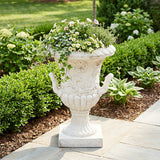 Classical Scrollwork Relief Urn Planter, Weather-Resistant Outdoor Flower Pot Patio Decorative Vase for Garden Entryway, Antique White