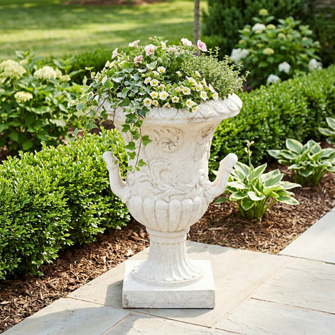 Classical Scrollwork Relief Urn Planter, Weather-Resistant Outdoor Flower Pot Patio Decorative Vase for Garden Entryway, Antique White