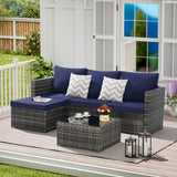 L-Shaped Outdoor Sectional Sofa Patio Chat Conversation Set Garden Wicker Furniture Set with Tempered Glass Coffee Table&Cushion