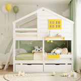 Twin over Twin Bunk Bed with 2 Drawers, 1 Storage Box, 1 Shelf, Window and Roof, White