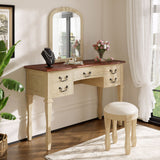 Vintage Makeup Vanity Dressing Table Vanity Desk with Curved Flower Frame Mirror, 5 Drawers & Matching Stool, Brown+Antique White
