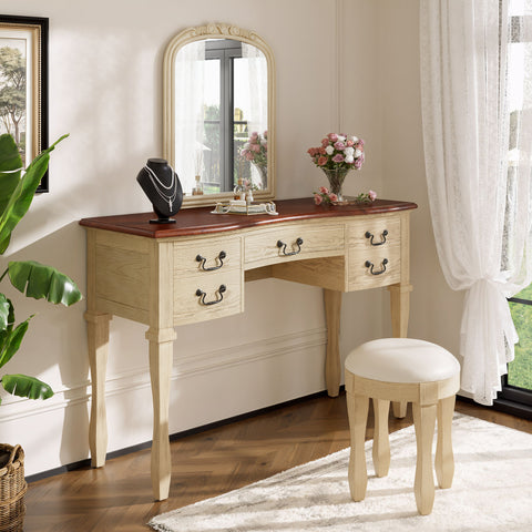 Vintage Makeup Vanity Dressing Table Vanity Desk with Curved Flower Frame Mirror, 5 Drawers & Matching Stool, Brown+Antique White