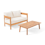 2pcs Acacia Wood Loveseat & Coffee Table Set, Outdoor Patio Conversation Furniture Set with Cushions, Beige+Teak