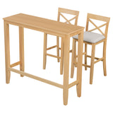 Farmhouse 48"Rectangular Wood Bar Height Dining Set Kitchen Breakfast Nook with 2 Chairs for Small Places,Natural+Beige