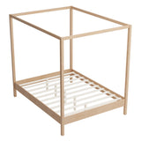 Queen Size Four Poster Platform Bed, Solid Wood Canopy Bed Frame, No Box Spring Needed