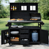 Large Garden Potting Bench with Stainless Steel Top, Outdoor Kitchen Island & BBQ Grill Cart with Storage Hutch & Lockable Wheels