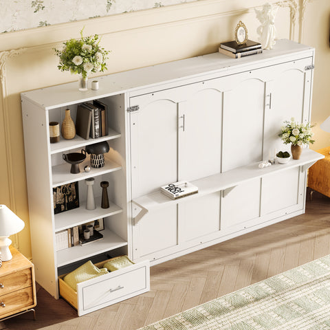 Queen Size Murphy Bed with Height Adjustable Storage Compartments and Shelf, Wall Bed Frame With 1 Drawer, Foldable Platform Bed, White