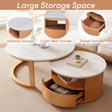 Round Nesting Coffee Table with White Marble Top, 2-Tier storage and 1 drawer, Natural, 28.5"