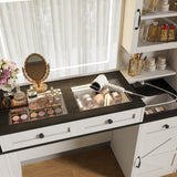 Farmhouse Vanity Desk Dressing Table with LED Light Mirror, Makeup Vanity Table w/ Glass Visual Desktop & Cushion Storage Stool, White