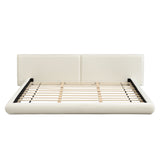 Low-Profile Upholstered Platform Bed, Floor-Hugging King Bed Frame with Oversized Headboard, Cream