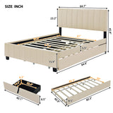 Queen Size Platform Bed, Velvet Upholstered Bed Frame with 2 Drawers and Twin XL Trundle Bed, Beige