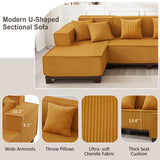 U-Shaped Sectional Sofa Upholstered Sofa Couch with Ligh t & 6 Pillows, Orange