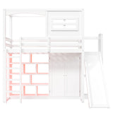Twin Size Wood Loft Bed with Wardrobe, Storage Shelves, Slide & 7-Color LED Lights, Sturdy Pine/MDF Frame, White