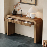 Rustic Console Table with Fluted Drawer and Curved Corners, Entryway Table with Thick Legs and Storage Drawer for Living Room, Natural