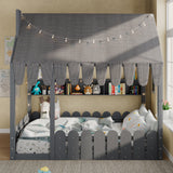 Full Size Toddler Bed Kid Floor Bed Montessori House Bed Platform Bed with Tent, Light, 3 Storage Shelves & Safety Fence Rail, Gray