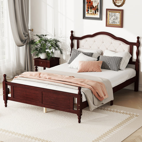 Queen Size Platform Bed Frame with Upholstered Headboard, Panel Footboard, Bed Rail Support Feet and Central Platform Support Feet