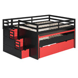 Full XL Size Loft Bed with Pull-Out Desk, Twin Trundle, 2 Storage Drawers & Storage Staircases, Multi-Functional Gaming Bunk Bed, Black+Red
