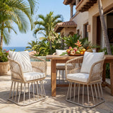 Outdoor Wicker Dining Chair, Teak Finish Wicker & Beige Steel Frame, 300LBS Capacity with Cushion
