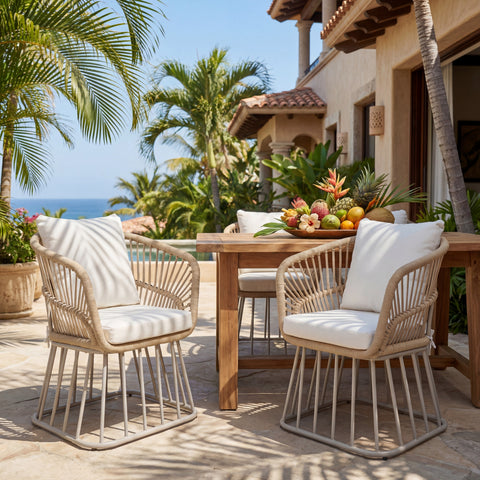 Outdoor Wicker Dining Chair, Teak Finish Wicker & Beige Steel Frame, 300LBS Capacity with Cushion
