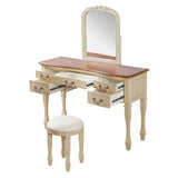 Vintage Makeup Vanity Dressing Table Vanity Desk with Curved Flower Frame Mirror, 5 Drawers & Matching Stool, Brown+Antique White