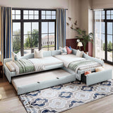 Linen Fabric Upholstered Double Twin Size Platform Daybed with Trundle and Drawer