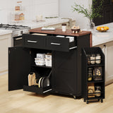 47.2" Farmhouse Kitchen Island with Drop Leaf & Storage, Rolling Kitchen Cart on Wheels with Removable Side Racks, Black