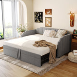 Twin to King Size Upholstered Daybed with Pop-Up Trundle & USB Charging Ports, Linen Fabric, 400LBS Capacity