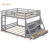 Full Size Bunk Bed Loft Bed with LED Light, USB Ports, Power Outlets, Storage Shelves & 2 Drawers, Gray