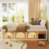 Queen Size Wooden Platform Bed with Bookshelf, Display Cabinet, LED Light and Drawer, White+Natural