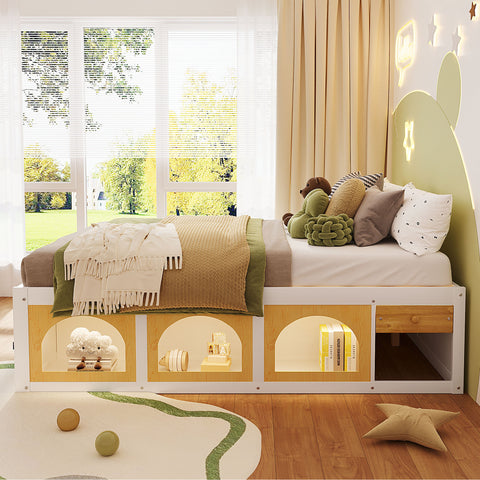 Queen Size Wooden Platform Bed with Bookshelf, Display Cabinet, LED Light and Drawer, White+Natural