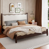 Queen Size Wood Platform Bed with Upholstered Headboard, Espresso Frame+Beige Fabric