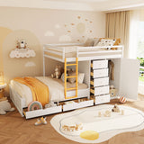Full Size Bunk Bed with 2 Large Drawers & 5 Small Drawers, MDF & Solid Wood Construction, Modern Storage Design with Small Wardrobe