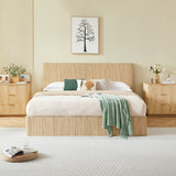 King Size Lift Up Storage Bed Frame, Wooden corrugated curved lines, Hydraulic Storage/No Box Spring Needed, Oak