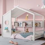 Floor House Bed for Toddler, Kids Montessori Bed with Storage Shelf, Playhouse Bed with Roof Design