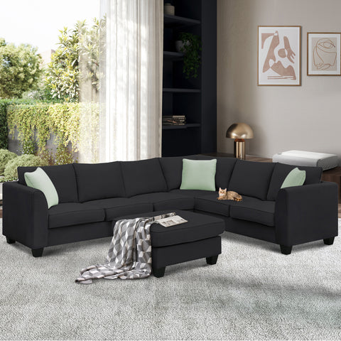 Sectional Sofa Couches Living Room Sets, 7 Seats Modular Sectional Sofa with Ottoman, L Shape Fabric Sofa Corner Couch Set with 3 Pillows