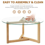 Round Glass Coffee Table Modern Cocktail Table Easy Assembly with Tempered Glass Top & Sturdy Wood Base, Natural