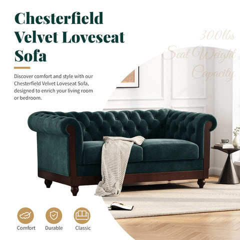 Chesterfield Velvet Loveseat Sofa,2-Person Rolled Arm Dutch Plush Upholstered Sofa Couch with Tufted Button for Living Room, Bedroom, Small Places