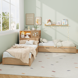 L-Shaped Combination Twin Bed Frame with Trundle and Drawer,3-in-1 Low Corner Platform Bed Linked with Built-in Desk and Led Downlight, Natural