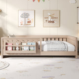Wood Twin Size Platform Bed with Guardrail and Storage Shelves, Natural