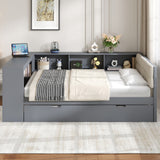Wood Full Size Platform Bed with Storage Shelves, Trundle, Charging Station and Upholstered Headboard