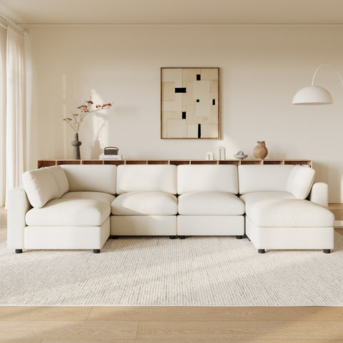 129" Modular Sectional Sofa, 6 Seat Cloud Sofa Bed with High Density Foam, U-Shaped Chenille Couch Set with Ottoman, Free Combination, Convertible Sleeper Sofa for Living Room, Apartment