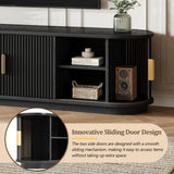 Farmhouse Wooden TV Stand with Sliding Tambour Door for TVs up to 75", Fluted Media Console with Adjustable Storage, Golden Handle TV Cabinet with Cable holes for Living Room